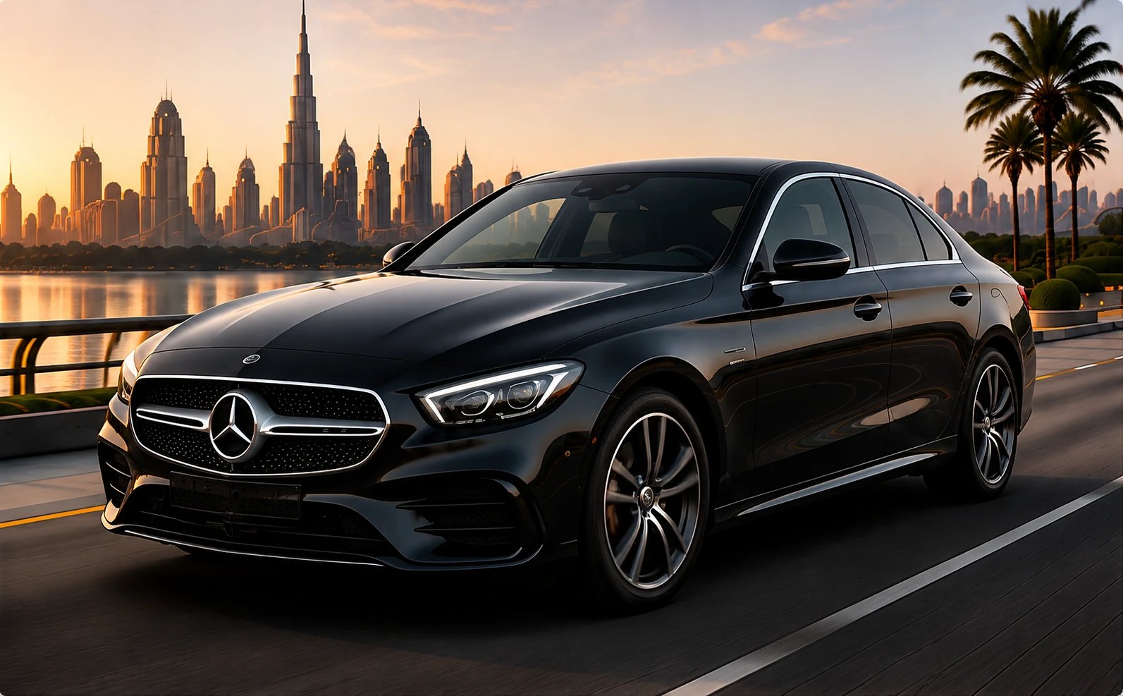 Mercedes E Class with the Dubai skyline behind