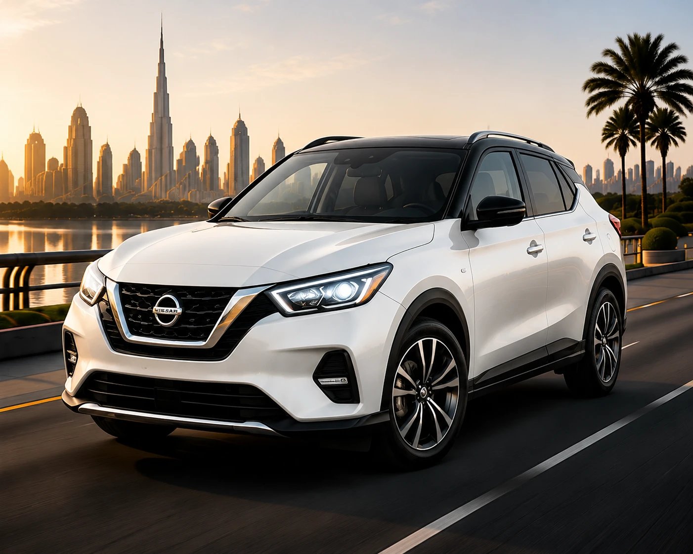 Nissan Kicks with the Dubai skyline behind