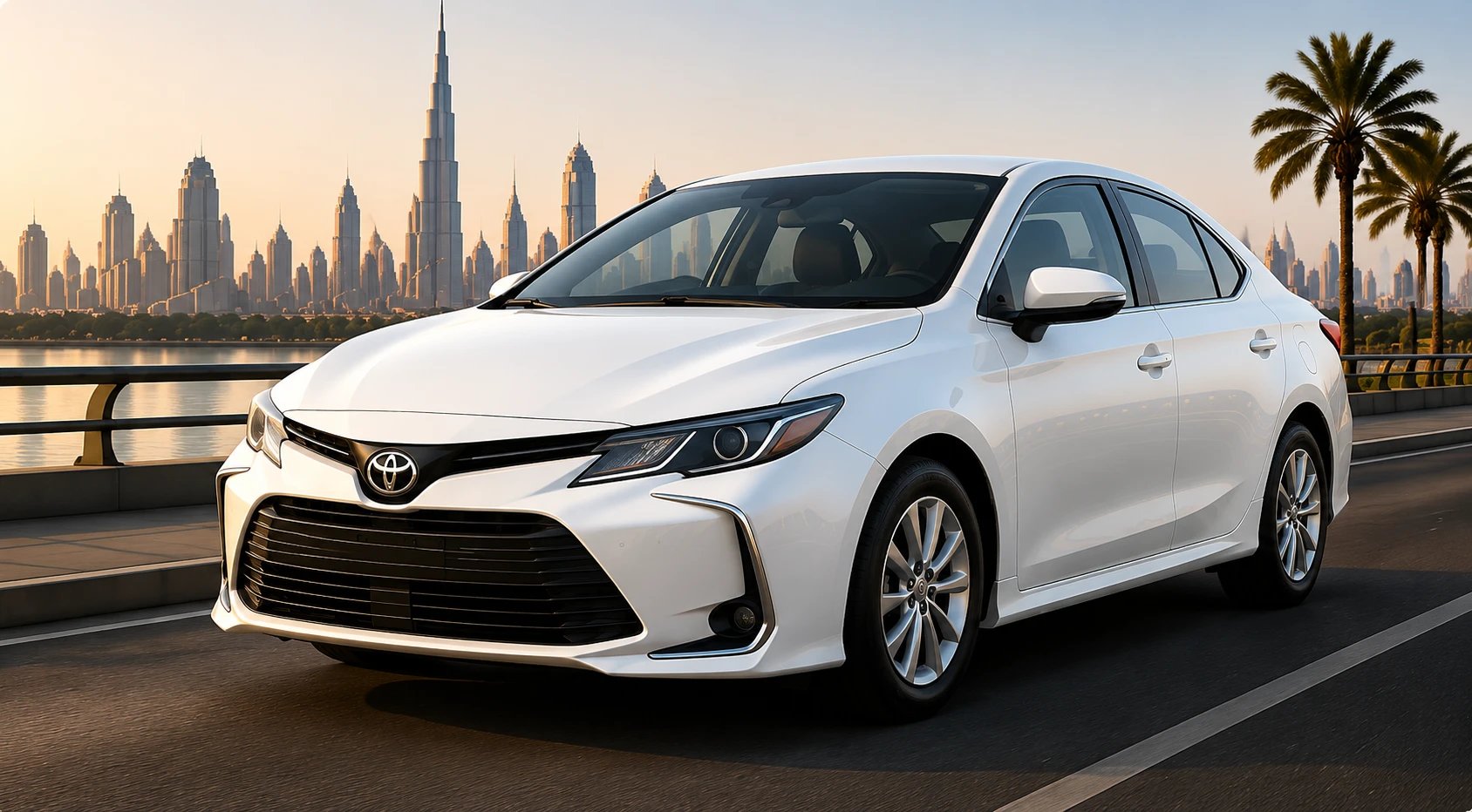 Toyota Corolla with the Dubai skyline behind