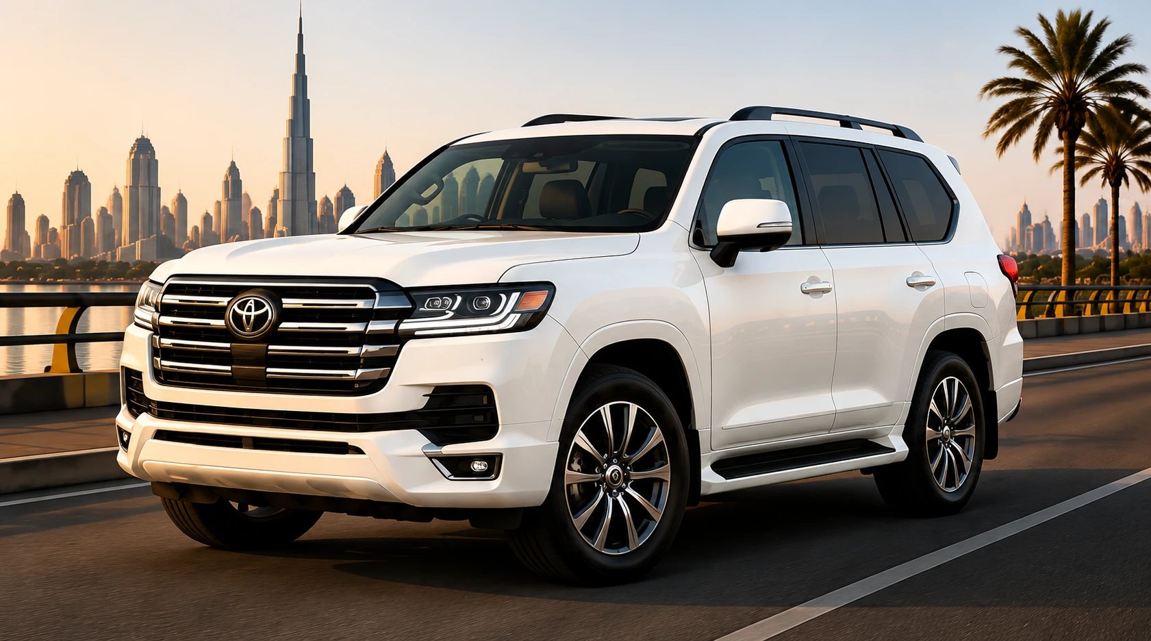 Toyota Land Cruiser 300 with the Dubai skyline behind