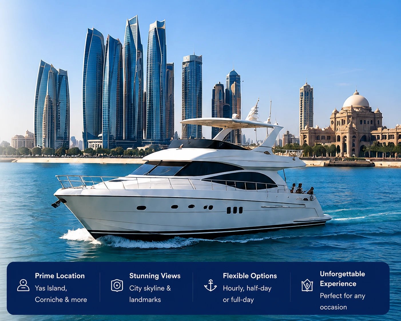 A white motor yacht cruising past the Abu Dhabi skyline and the Emirates Palace