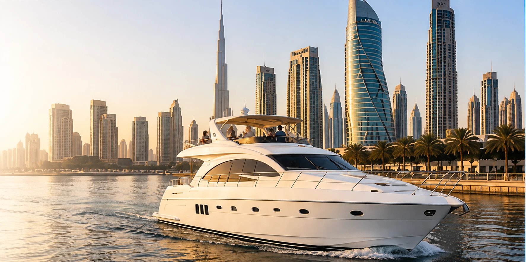 A white motor yacht cruising the Dubai Water Canal past Business Bay towers and the Burj Khalifa