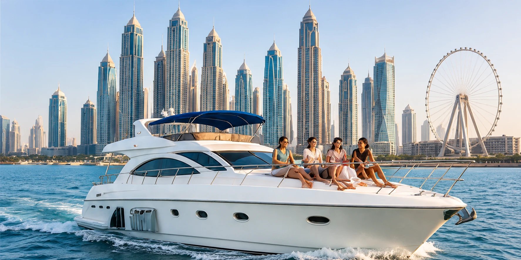 Friends relaxing on the bow of a white motor yacht in front of the Dubai Marina skyline and Ain Dubai
