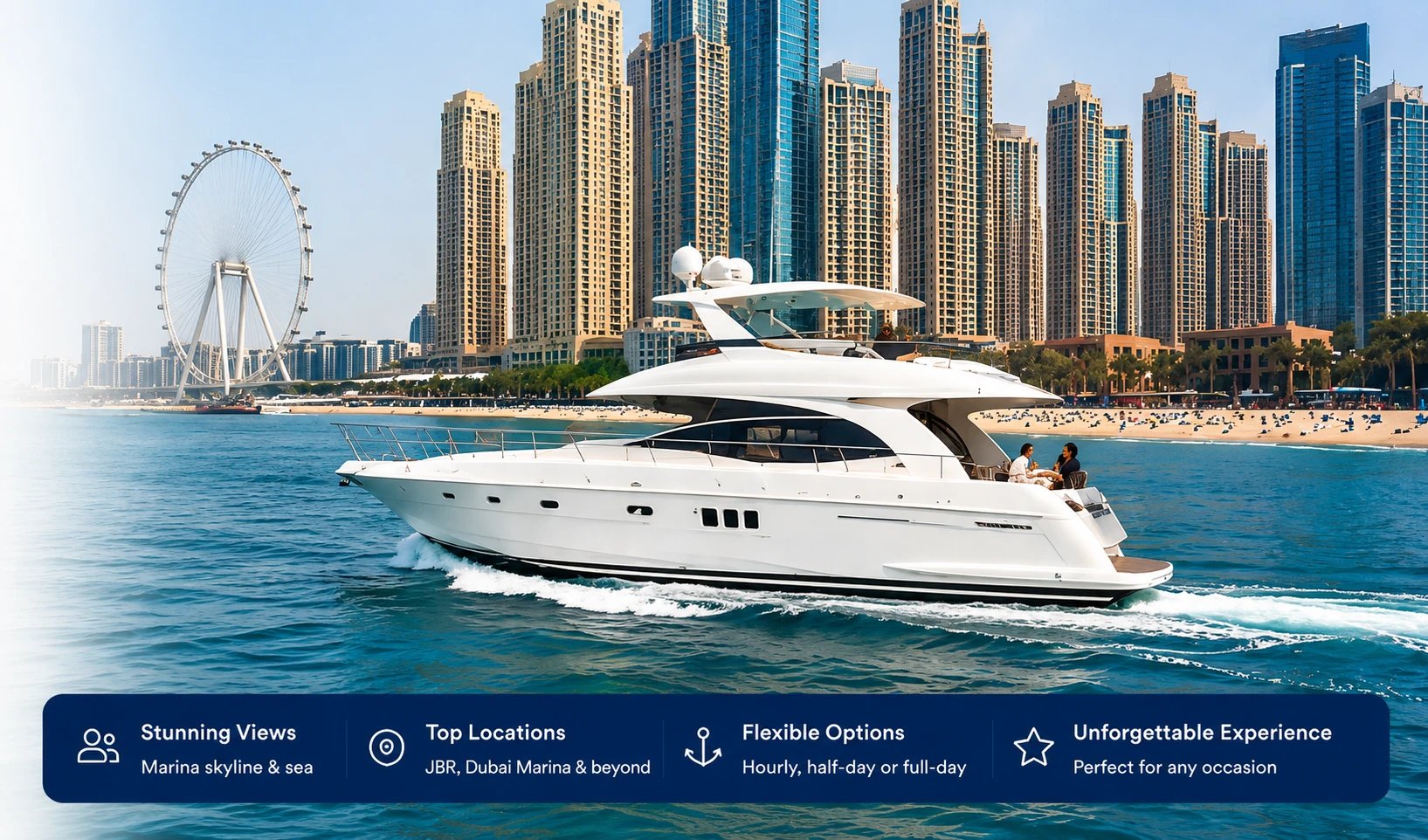 A white motor yacht cruising past the JBR beachfront with Ain Dubai and the Marina skyline behind