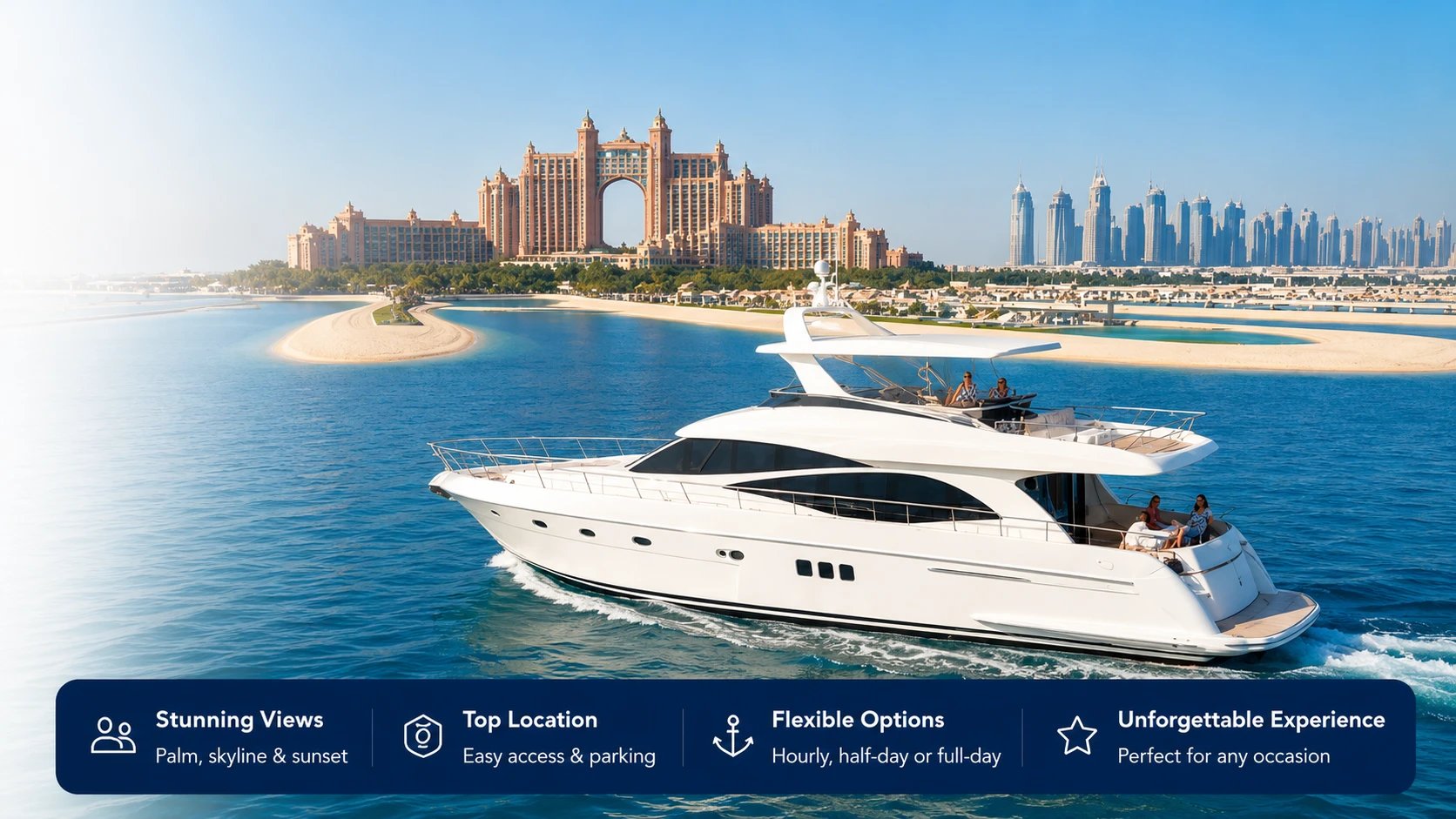 A white motor yacht cruising past Atlantis The Palm with the Dubai Marina skyline behind