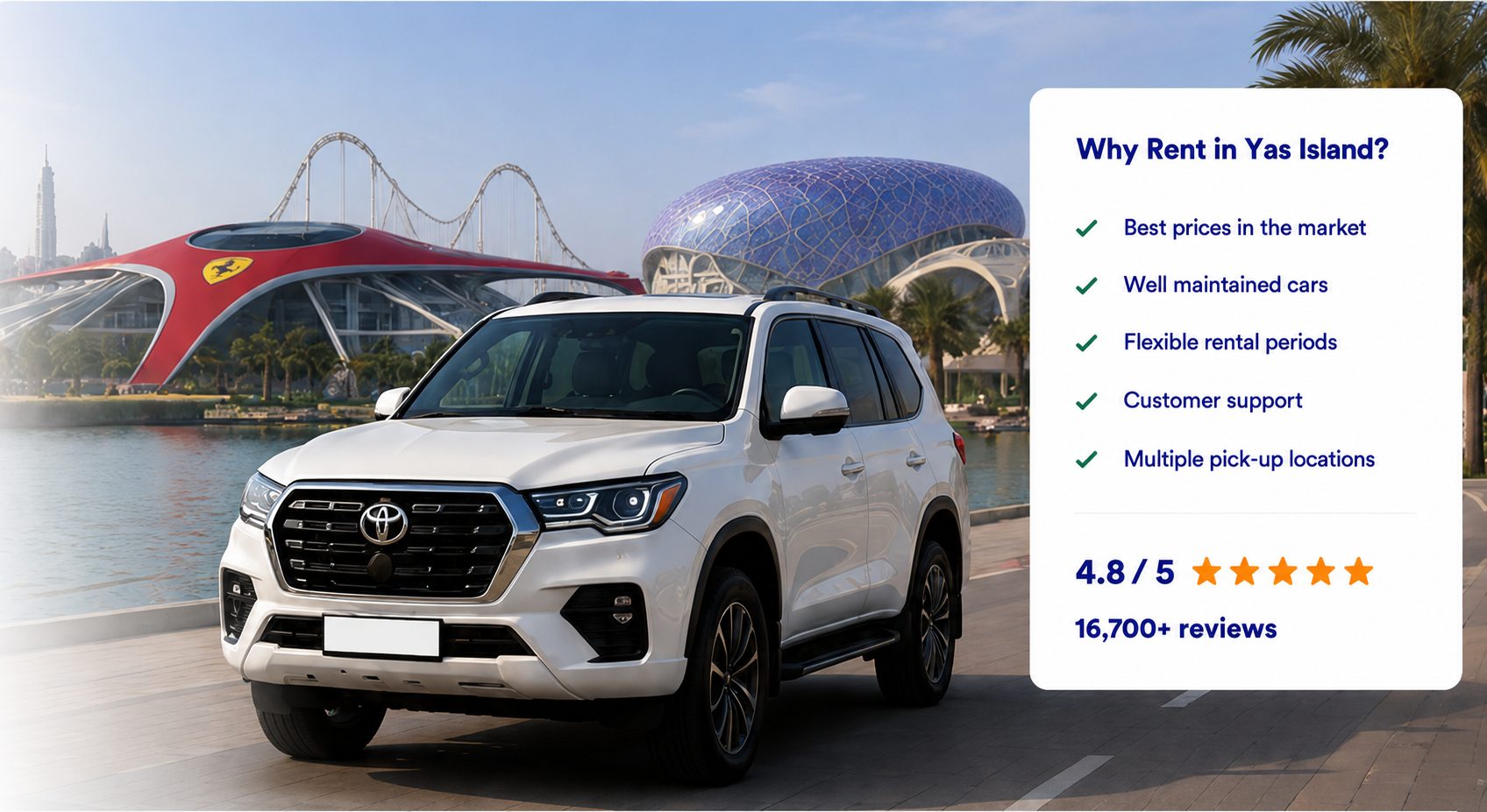 Car rental on Yas Island, Abu Dhabi — compare verified companies and real prices