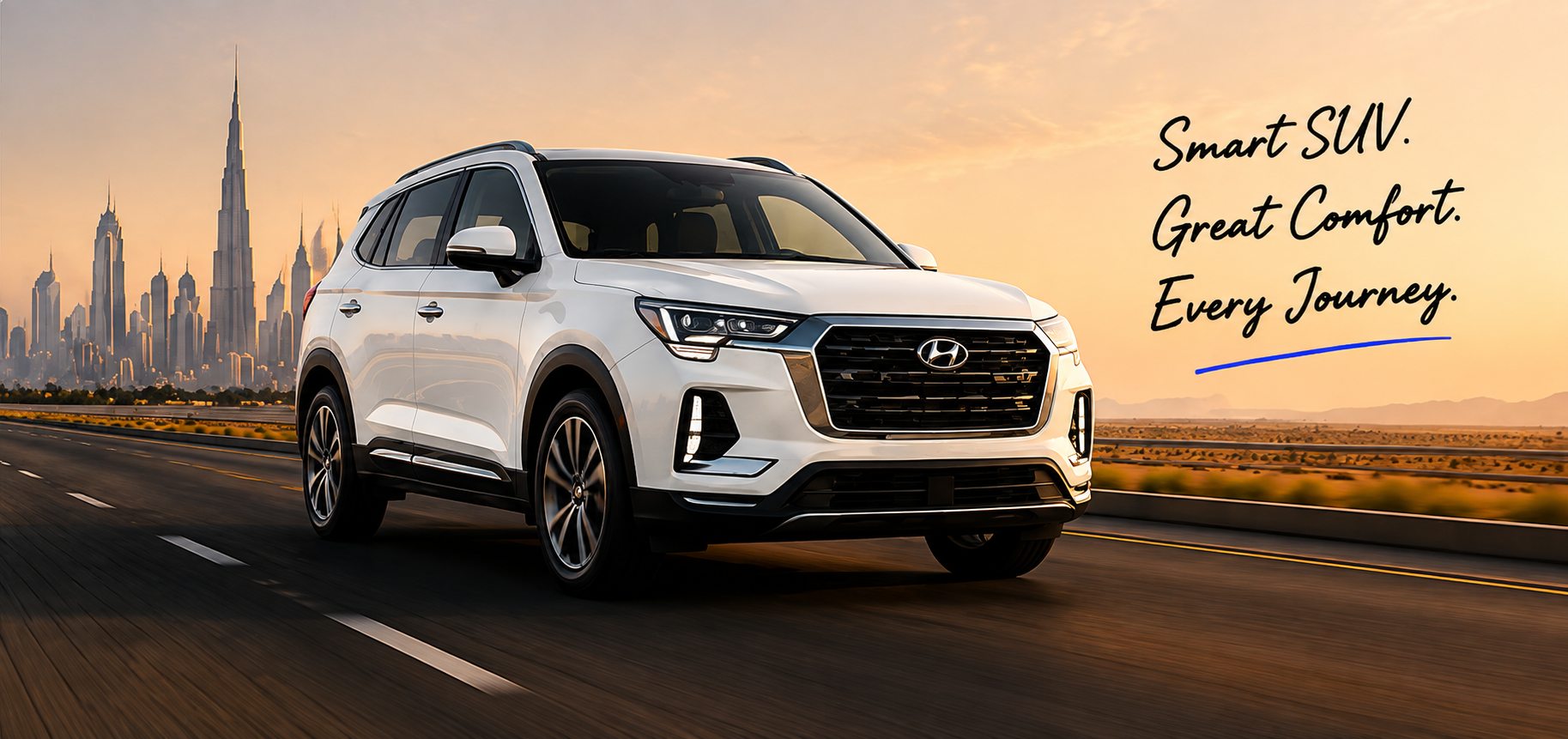 Hyundai Creta on a Dubai highway — smart SUV, great comfort, every journey