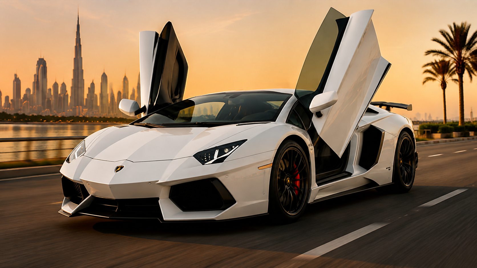 Lamborghini Aventador on a Dubai highway — live the dream, drive the legend