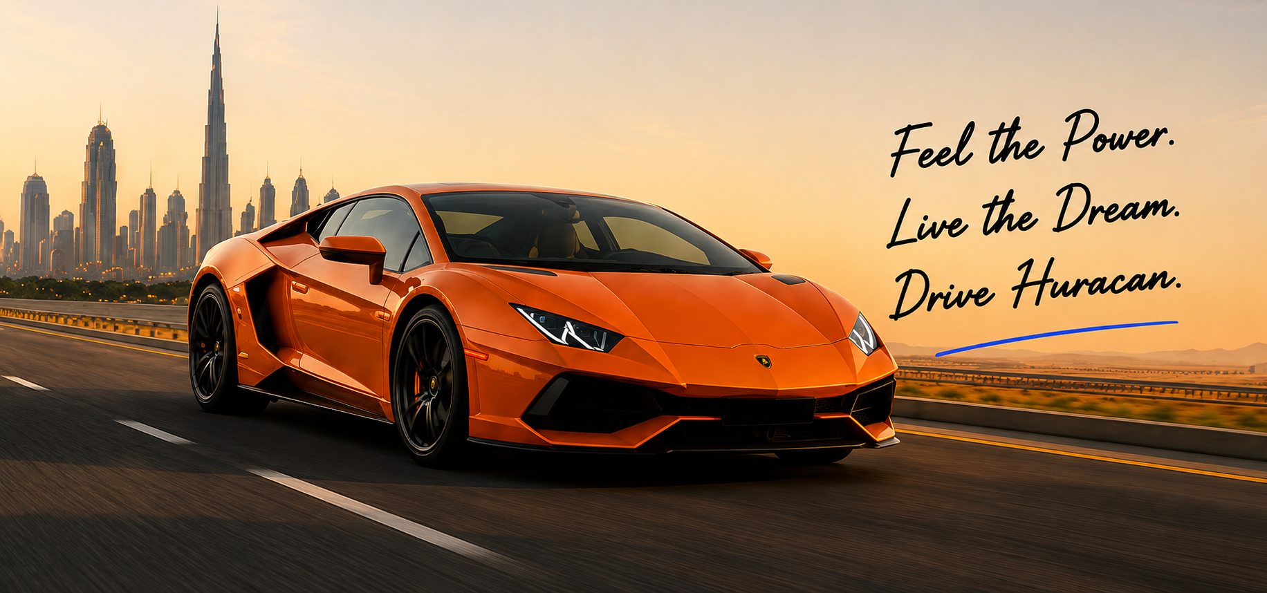Lamborghini Huracan on a Dubai highway — feel the power, live the dream, drive Huracan