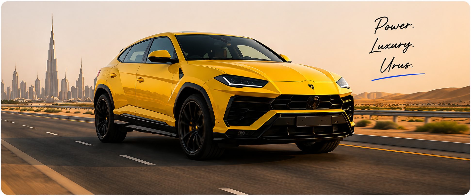 Lamborghini Urus on a Dubai highway — power, luxury, Urus