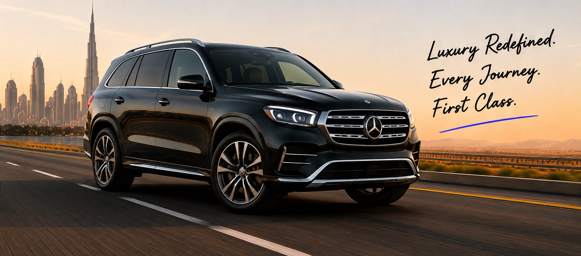 Mercedes GLE on a Dubai highway — luxury redefined, every journey, first class