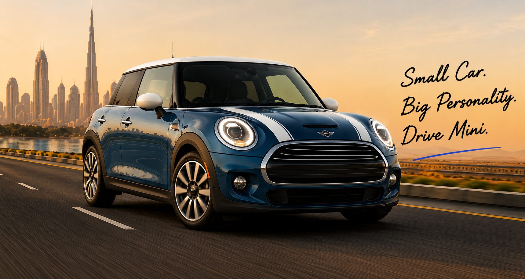 Mini Cooper on a Dubai highway — small car, big personality, drive Mini