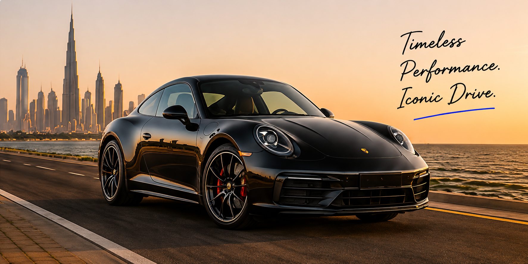 Porsche 911 against the Dubai skyline — timeless performance, iconic drive