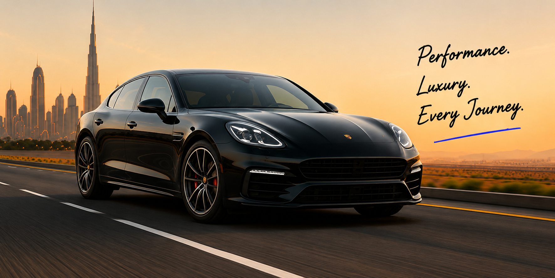 Porsche Panamera on a Dubai highway — performance, luxury, every journey