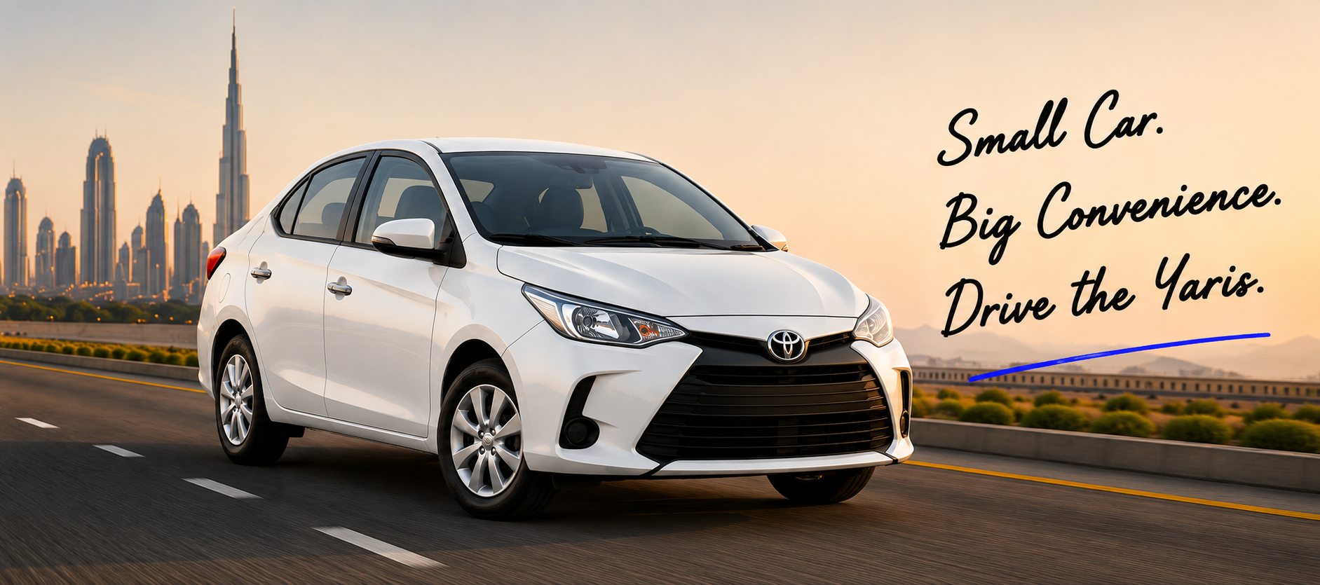 Toyota Yaris on a Dubai highway — small car, big convenience, drive the Yaris